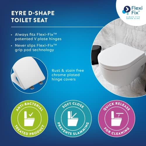 Croydex WL601522H Flexi-Fix Eyre D-Shape Always Fits Never Slips Slow Close Anti Bacterial Toilet Seat, White, 43 x 36.5 x 5.2 cm
