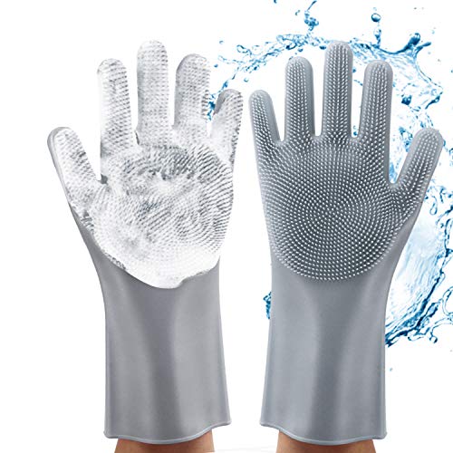 Magic Dishwashing Gloves, Reusable Silicone Dish Gloves with Sponge Scrubbers for Kitchen, Bathroom