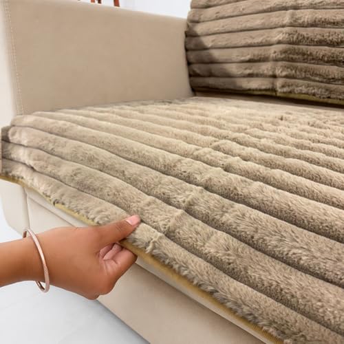 Image of Homerz Premium Rabbit Fur Sofa Cover with Anti-Skid Backing, Soft Plush Fabric Sofa Protector for Living Room Furniture (Coffee, 2 Seater, Seat Cover with Backrest)