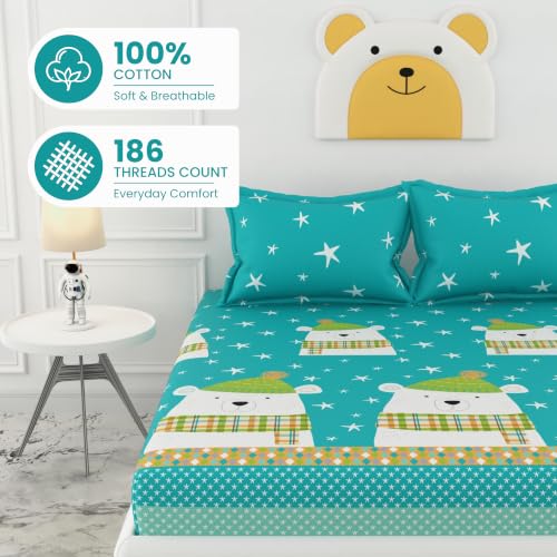 Image of LORETO - A QUALITY LINEN BRAND 186 TC 100% Pure Cotton Double /Queen Fitted Bedsheet with 2 Pillow Covers for 78 x 60 Inch Mattress, All-Around Elastic, 8 Inch Deep Pocket, Teal Bear