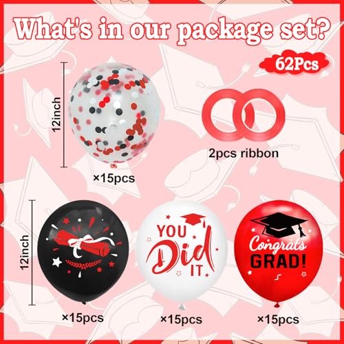 Image of Graduation Decorations 2026 - Graduation Balloons 62pcs 12 Inch Red Black White Grad Print Latex Confetti Balloons for College High School Class of 2026 Congrats Grad Party Decor Supplies (Ribbon)