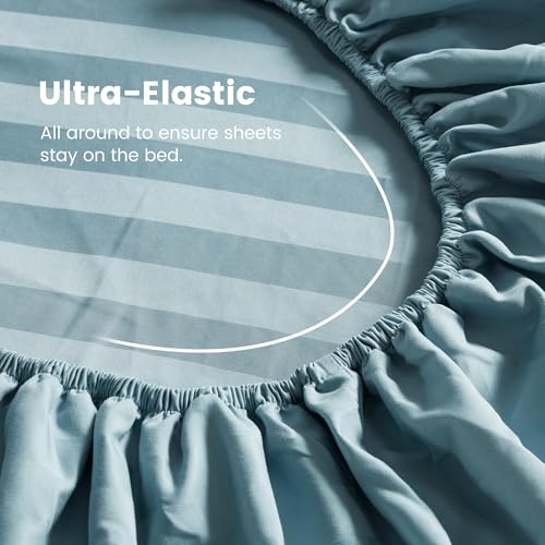 SLEEP ZONE Striped Cooling Twin Sheets Set for Kids - Fitted Flat Sheet & Pillowcase Sets 3 Piece - Super Soft Stripe Bed Sheet, Easy Care, Deep Pocket (Flint Blue, Twin)