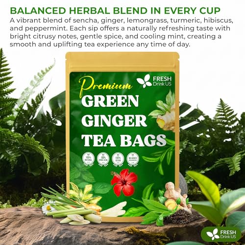 Image of FreshDrinkUS, Premium Green Ginger Tea | 75 Tea Bags | Sencha Green Tea with Ginger, Lemongrass, Turmeric, Hibiscus & Peppermint | Natural Herbal Blend | Comfort & Refreshing, Vegan