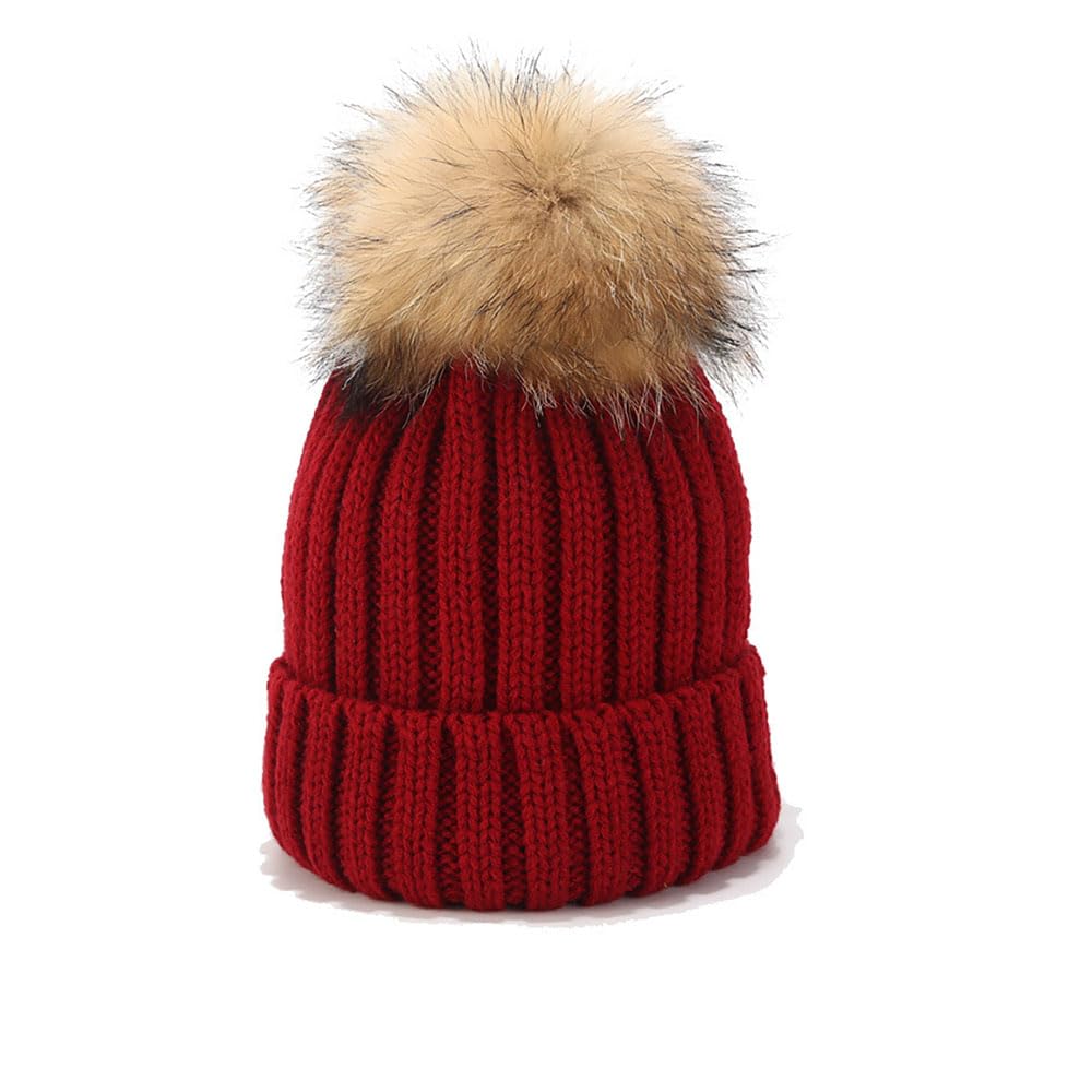 Van Der Linn Adult Kids Knitted Winter Warm Beanie Fur Bobble Woolly Pom Pom Hat (Adults, Wine)