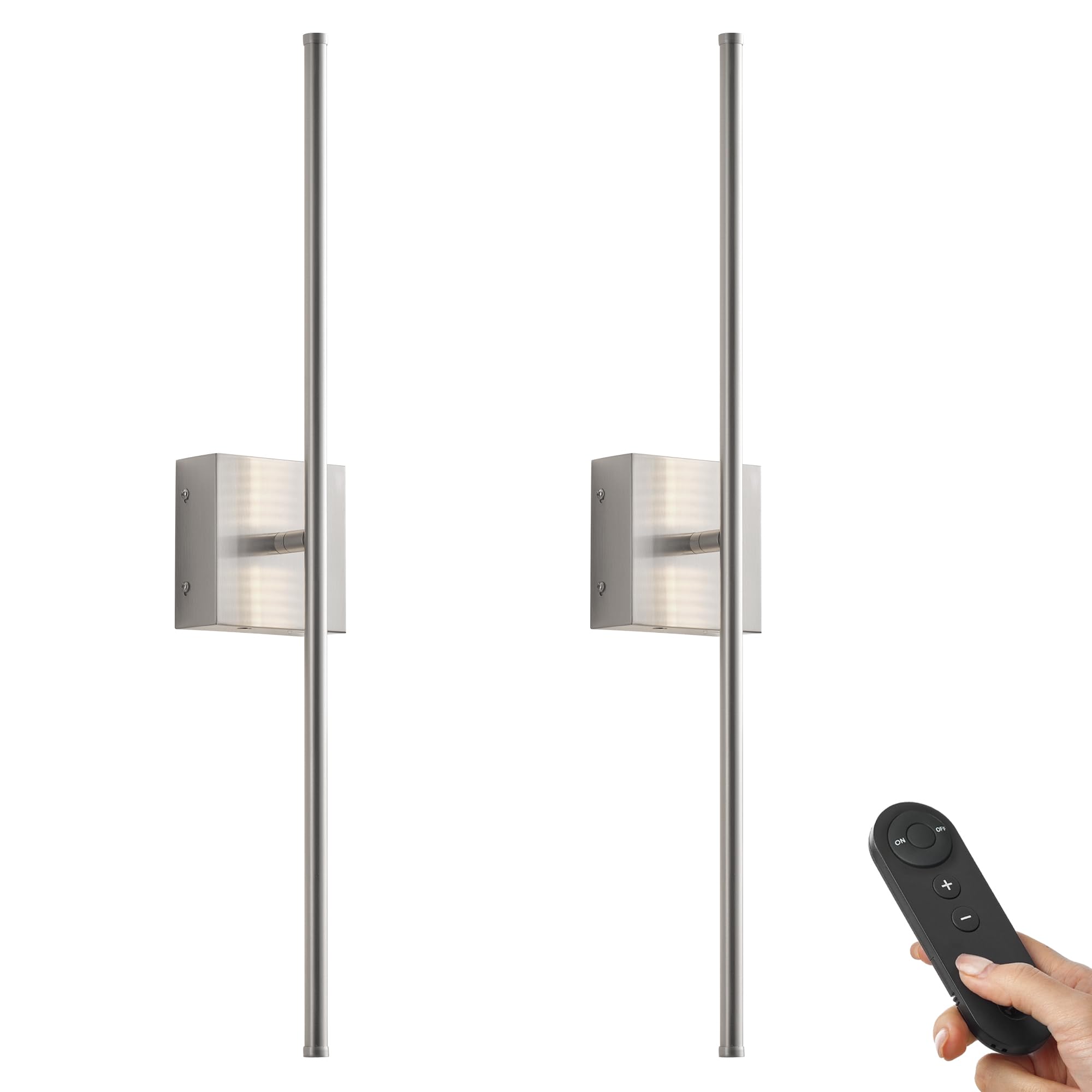 Battery Operated Wall Sconces with Remote Control, Dimmable Wall Sconces Set of Two, 350°Rotate, 3000K LED Nickel Wireless Wall Light for Living Room, Hallway, Bedroom, 24.4 Inch (2 Pack)