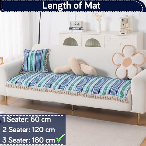 Image of HOKIPO 'Artisan Boho Series' Sofa Cover Mat with Tassel for 3 Seater Sofa | 450 GSM Thick Cotton Acrylic Jacquard Fabric, Royal Blue (IN-904-A2*S)