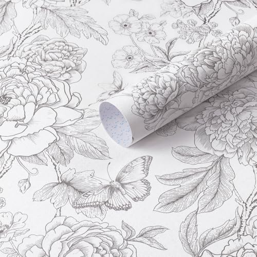 Safiyya Floral Peel and Stick Wallpaper Grey and White 17.3''×78....