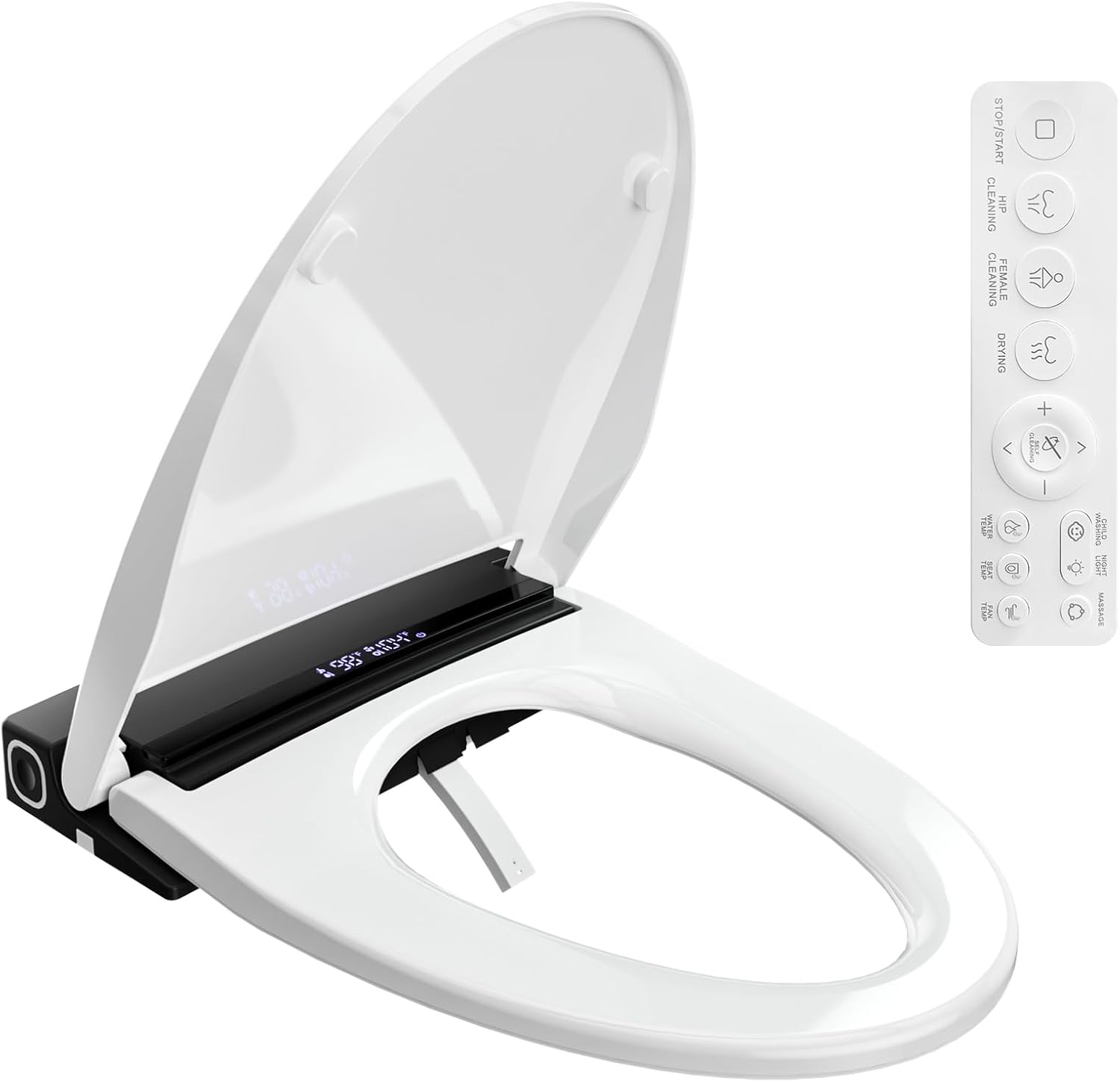 Electric Toilet Seat, Elongated Smart Heated Toilet Seat with Warm Water & Dryer, Feminine & Child Hip Wash, Wireless Remote, Self-Clean, Stainless Steel Nozzle, Adjustable Water Pressure