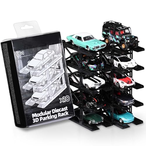 Image of 1:64 Diorama Expandable Modular Car Display Case for Hot Wheels Diecast Car, 10 Parking Space Garage, Diecast Model Cars Storage Display Rack Accessory (10 Spaces-Glossy Black)