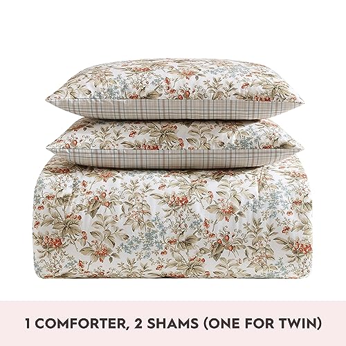 Image of Laura Ashley - Queen Comforter Set, Reversible Cotton Bedding with Matching Shams, Floral Home Decor with Plaid Reverse (Bramble Floral Beige, Queen)