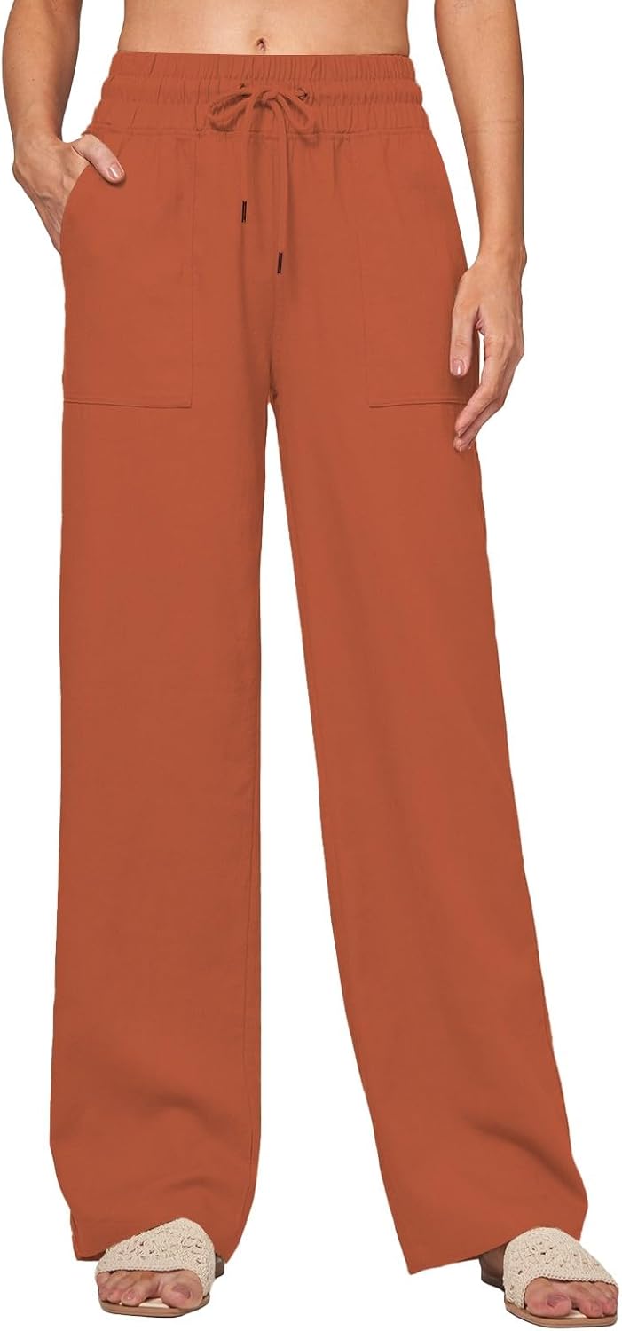Pantaloni Donna Larghi In Lino E Cotone Con Vita Alta Elastica E Tasche - Eleganti E Casual
