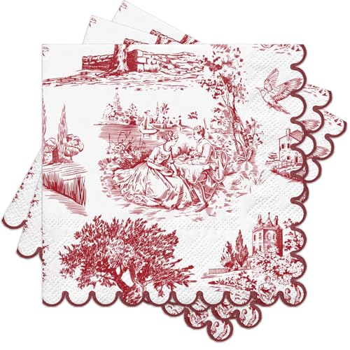 RUSPEPA 25 Pcs Toile Vintage Christmas Cocktail Napkins, 3 Ply Red and White French Country Scene Design Disposable Napkin Paper for Holiday Party, Winter Wedding, Tea Party Decor, 5 x 5 Inch