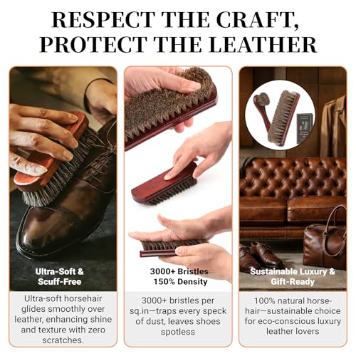 3PCS 100% Horse Hair Shoe Brush Set for Leather Boots Horsehair Brush for Polishing Cleaning Buffing Professional Shoe Shine Kit for Men Suede Boot Care Conditioner Accessories Tool