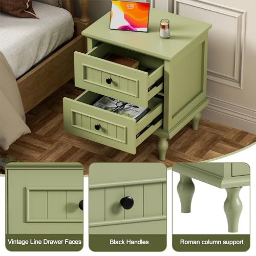 Image of Scurrty Vintage Nightstand, Antique End Table with 2 Drawers, Taller Nightstand for Bedroom, Side Table for Bedroom,Green (Single)