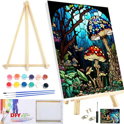 Mushroom Paint by Numbers Kit for Adults Beginners- DIY Acrylic Stained Glass Adult Paint by Number Kits on Canvas, Oil Painting by Numbers Kit for Home Decor Gifts 12x16 inch Framed and Easel