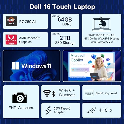 Image of Dell 16 inch Business Touchscreen Laptop 2026, AMD Ryzen 7 250, 64GB DDR5 RAM, 1TB SSD, FHD+ Display, All-Day Battery Life, Portable Office Professionals, Fast Charge, Backlit KB, Windows 11 Home