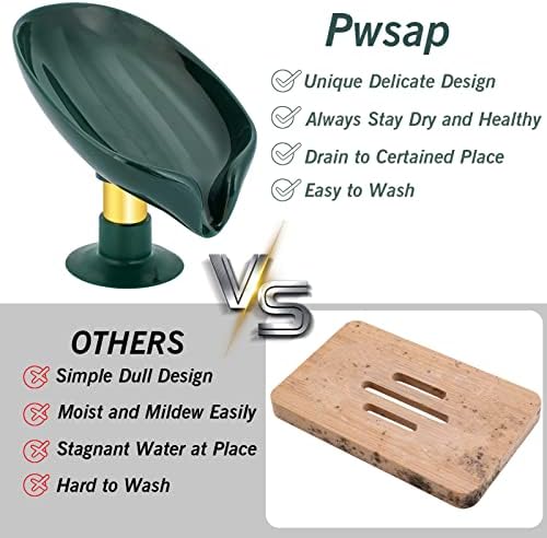 2PCS Soap Dish Holder in Elegant Leaf Shape, Self Draining Soap Holder, Bar Soap Holder Soap Saver with Suction Cup, Plastic Tray Holder for Shower Bathroom Tub Kitchen Sink