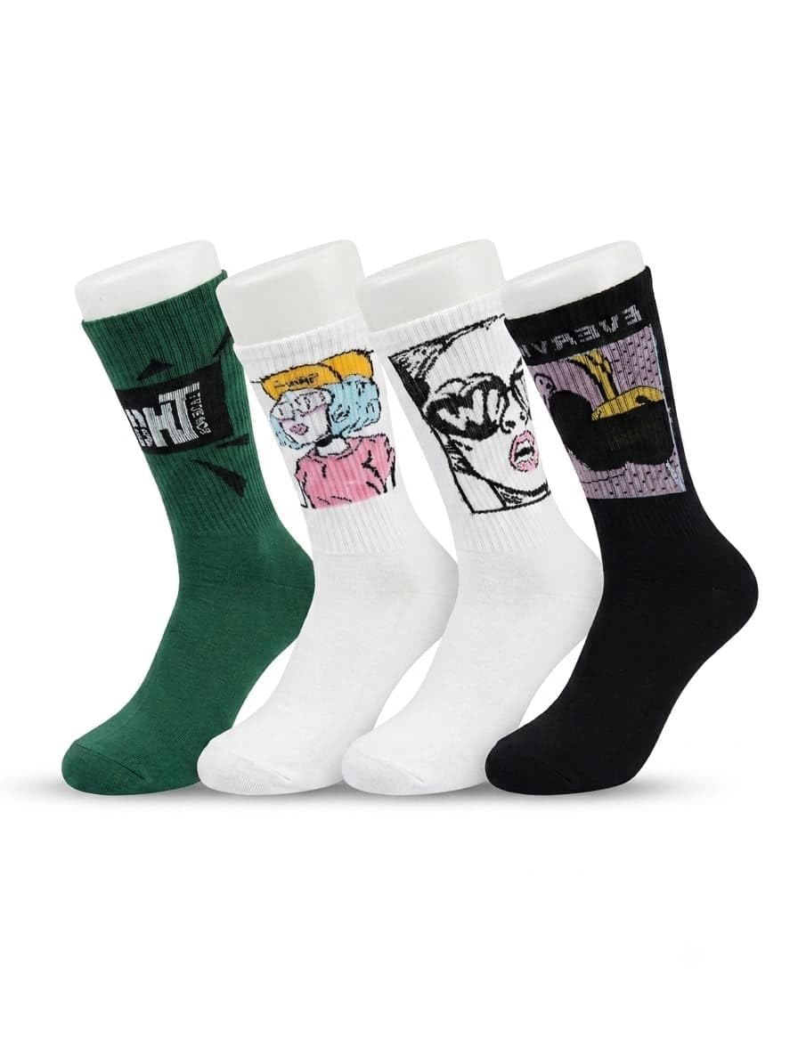 Graphic Printed Crew Socks for Men & Women, Multicolor, Pack of 4-image-23