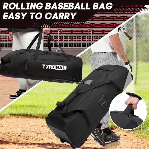 TYRONAL Baseball Bag with Wheels for 4 Bats,Soft Rolling Baseball Bag With Multi-Pockets, Fence Hook, Holds All Equipment. (DK Black) by TYRONAL - Used condition - Image 6