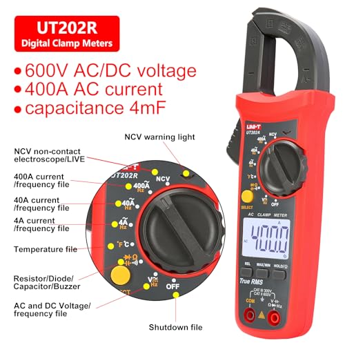UNI-T UT202R Portable Multimeter Automatic Range True RMS Clamp Meter with LCD Display, Red - Image 4