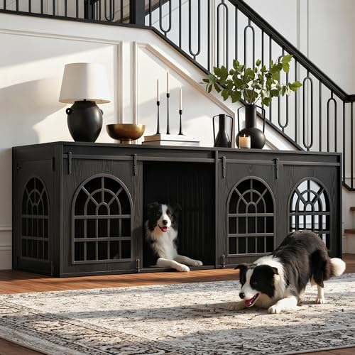 IRONCK 90.2 Double Room Dog Crate Furniture with Sliding Doors Heavy Duty Wooden Dog Kennel with Hinged Divider TV Stand & End Table for Large to Medium Dogs Black