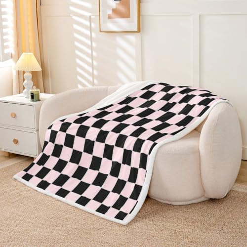 Image of Erosebridal Plaid Fleece Blanket 40 inchx50 inch Pink Black Checkerboard Sherpa Blanket Geometric Checkered Fuzzy Plush Throw for Kids Boys Girls,Aesthetic Grids Decor for Bed Couch