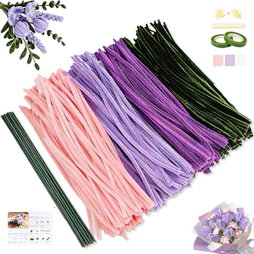 Pfeifenreiniger Blumen Set 300 Stück Pfeifenputzer zum Basteln Pfeifenreiniger zum Basteln mit Grüne Bastelfaden Klebeband Geschenkpapier für Blumenstrauß DIY Violett