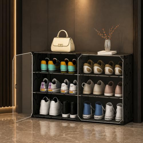 Image of AYSIS Premium Foldable Plastic Shoe Rack for Home, ๐ ๐๐จ๐จ๐ซ ๐ ๐๐ก๐๐ฅ๐ Shoe Cabinet, Dustproof & Waterproof Organizer, Portable Space Saving Storage for Entryway, Bedroom & Living Room, Black
