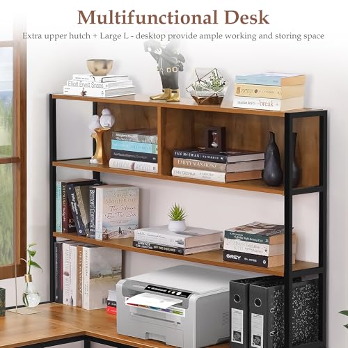 Image of ABOUT SPACE 3 Tier Computer Table with Unique L-Shaped Modern Desktop for Pc, Laptop, Study & Writing Open Bookshelf with Tower Storage Display Shelf [Teak - L 151.7 x B 113.5 x H 157 cm]