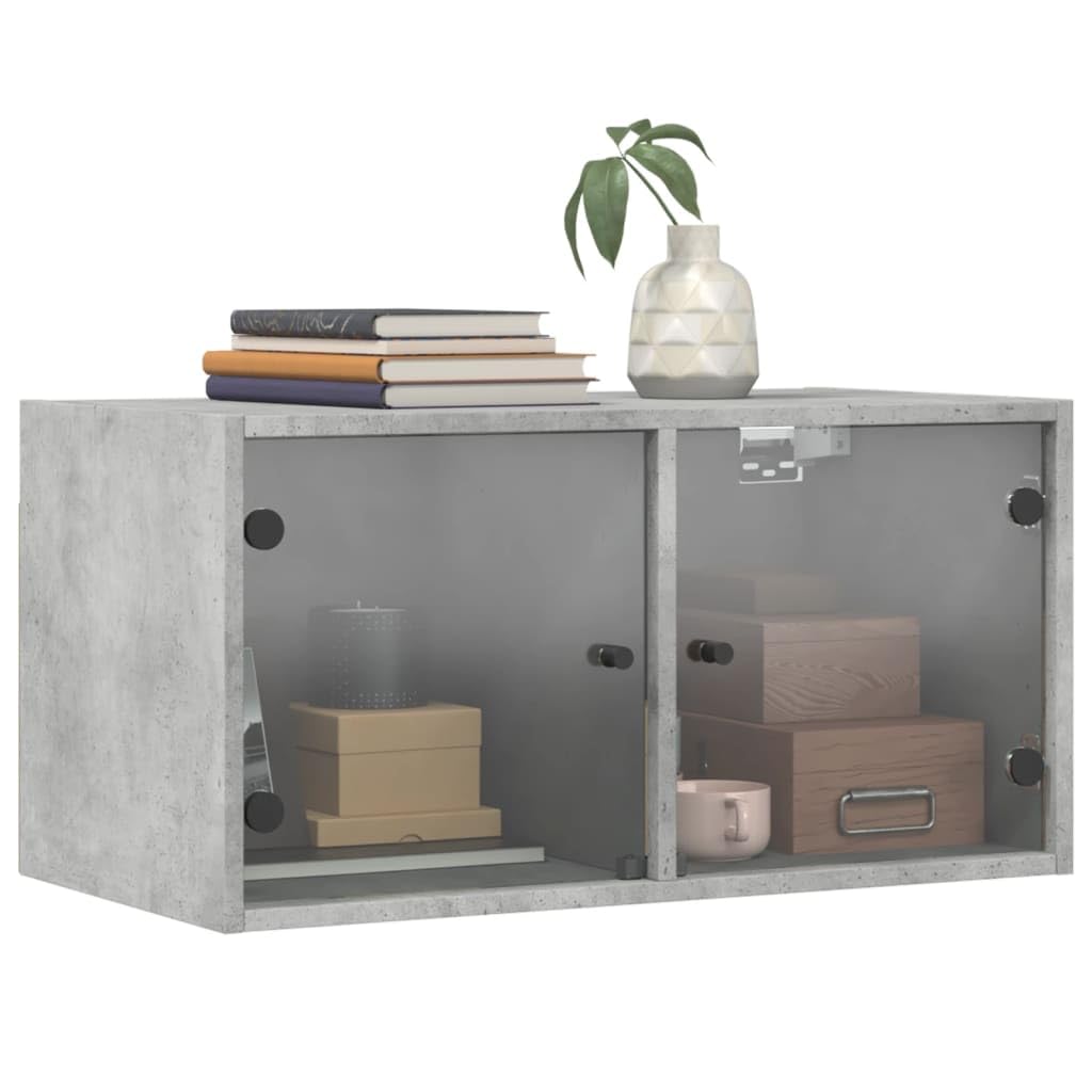 2er Set Wandschränke mit Glastüren Betongrau 68,5x37x35 cm - Moderner Hängeschrank aus Holzwerkstoff für Wohnzimmer Büro & Flur - Stilvolle Wandvitrine mit Stauraum