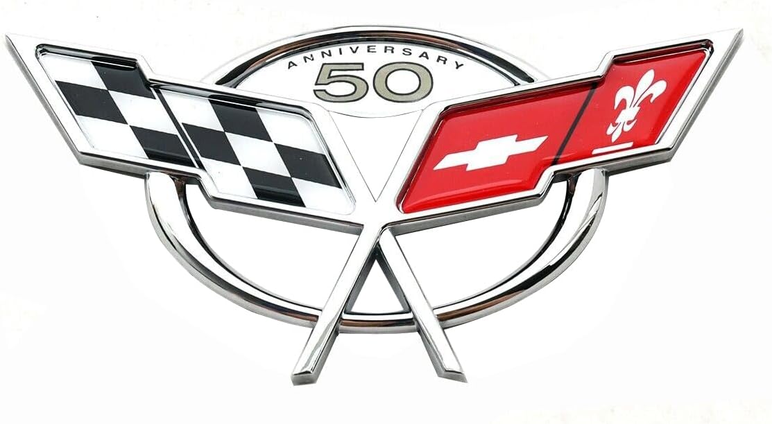 Pair Set Front Rear 50Th Anniversary Cross Flags Emblems 3D Badge Replacement for 1997-2004 C5 Corvette (Silver Red)