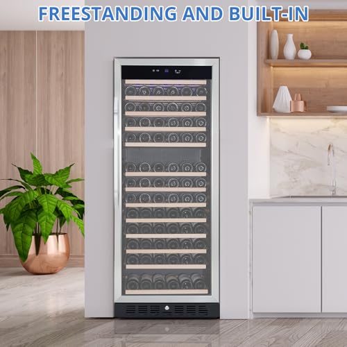 Image of 24 Inch Wine Cooler,155 Bottles Large Size, 41℉-64℉ Freestanding Wine Cellar, Stable Temperature Control, Digital Control Panel, Stainless Steel & Tempered Glass, Safety Lock,Lockable Wine Cellar