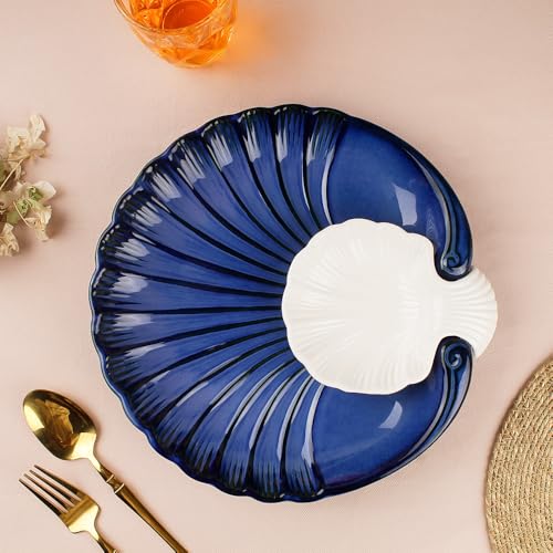 Image of The Earth Store Blue Sea Shell Ceramic Platter Set of 1 | Microwave & Dishwasher Safe Chip and Dip Serving Platter for Snacks, Starter, Fruits, Salad, Sweets & Appetizers