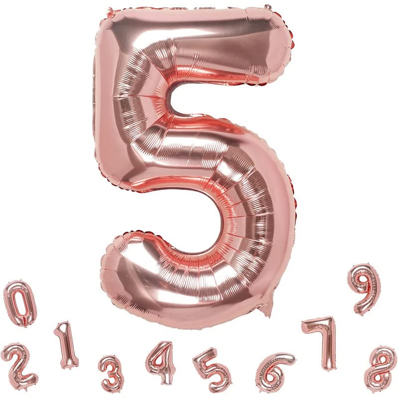 Image of Bubblebells Rose Gold 32 Inches 5 Numbers Shape Large Big Foil Helium Balloons for Party Decorations in Happy Birthday Anniversary Office Items Materials Set Pack