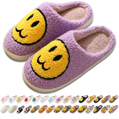 Image of Women's Men's Preppy Happy Face Slippers Comfy Warm Plush Slip-On House Slipper for Winter Indoor Soft Cushion Non-slip Fluffy Slides Slippers