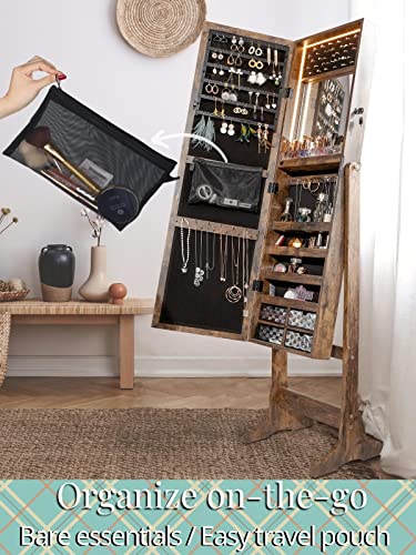 LUXFURNI LED Light Jewelry Cabinet Armoire, Standing Mirror Makeup Lockable Large Storage Organizer w/Drawers (Rustic Brown)