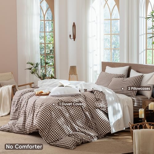 Image of MooMee Gingham Duvet Cover Set 100% Washed Cotton Linen Like Textured Breathable Durable Soft Comfy Modern Checkered Design (Classic Gingham Cocoa Brown, Queen 90 inchx90 inch)