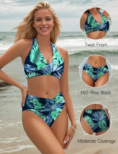 Image of Sopliagon Women's Bikini Sets Twist Front Two Piece Swimsuit Halter Bathing Suit
