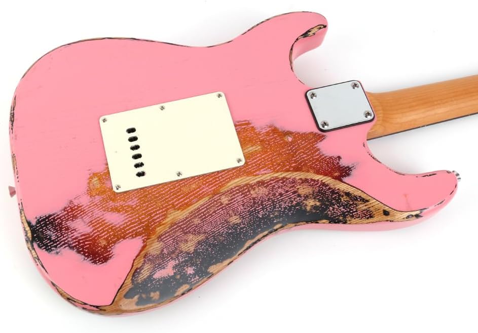 Fojill FSTR-60 Heavy Relic Solid Body Electric Guitar Roasted Canadian Maple Neck Real Rosewood Fretboard Fingerboard Elm Body Stainless Fret(Pink)