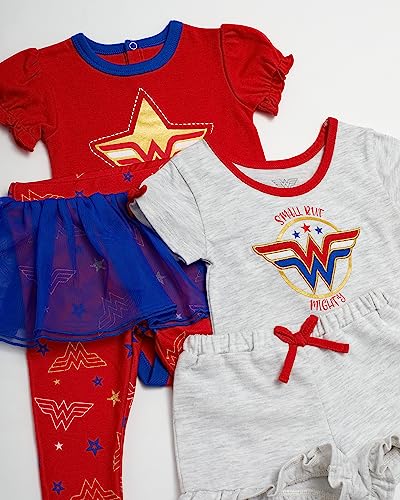 Wonder Woman Baby Girls 4 Piece Set - Short Sleeves T-Shirt, Legging Pants with Tutu Skirt, Bodysuit, Drawstring Shorts2