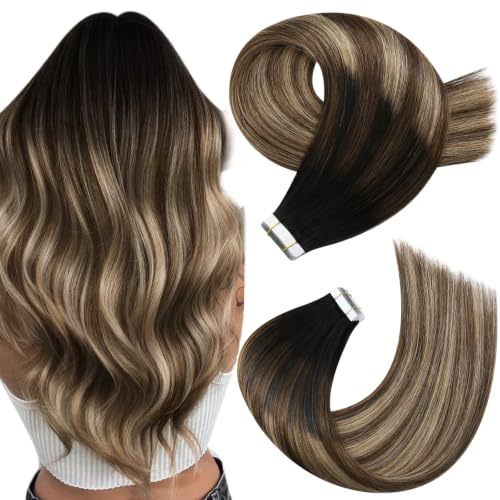 Moresoo Black Brown Tape in Hair Extensions Human Hair 14in 20Pcs 50g