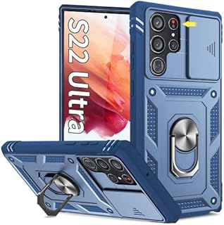 Tzomsze Case for Samsung Galaxy S22 Ultra, Heavy Duty Shockproof Case with Slide Camera Cover & Ring Holder, Hard PC Back & Soft Bumper Hybrid Protective Phone Case for Galaxy S22 Ultra 6.8 inch, Blue