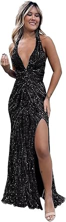 Beaded Evening Gown Deep V-Neck Mermaid Prom Dresses High Split Halter Formal Dress Sleeveless Bodycon Trumpet JS0011