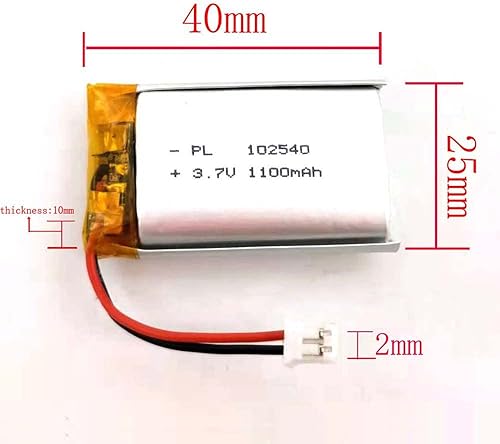 Miniatura 3 de Batería recargable de iones de polímero de litio Li Lipo de 3.7V con conector JST de 2 pines de 0.079 in0.049 in (102540 1100mAH 2.0Jst)