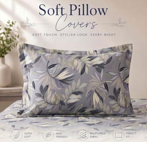 Image of BSB HOME 210 TC Cotton Feel Single Bedsheet with 1 Pillow Cover, Soft & Breathable Floral Printed Bed Sheet, Fade Resistant, Bedding for Home & Bedroom, 60 x 90 Inches (152 x 229 cm) (Mineral Grey)
