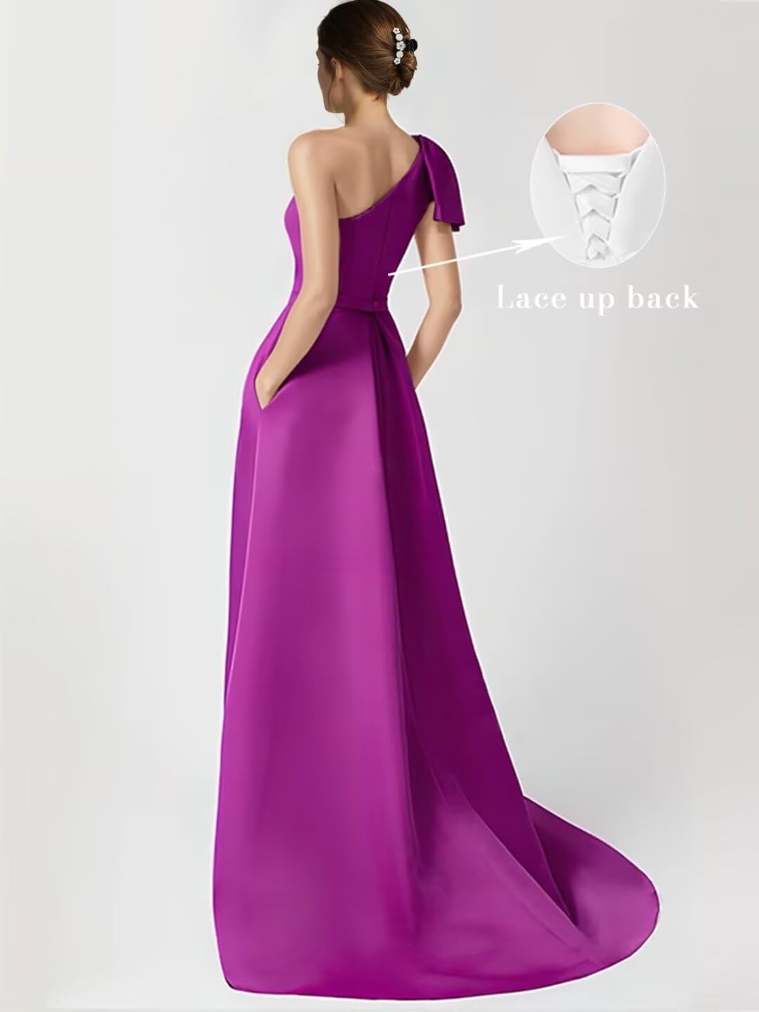 SHANDUAO One Shoulder Satin Bridesmaid Dresses Bow Evening Prom Formal Dress with Pockets