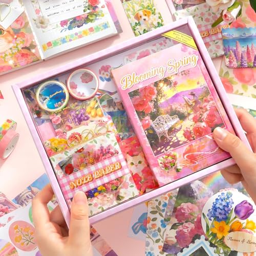 Image of MGNLR Vintage Aesthetic Scrapbook Kit(346Pcs) Scrapbooking Supplies Kit with Bullet Junk Journal,Stationery,A6 Grid Notebook Journaling Gift for Girl (Blooming Spring)