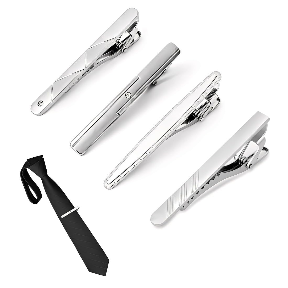 Set di 4 Fermacravatta Uomo in Metallo Colore Argento, Fermacravatte Eleganti per Matrimonio Business e Uso Quotidiano