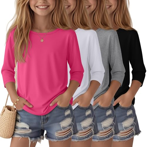 Image of 4 Pack Girls 3 /4 Sleeve T Shirts Kids Crewneck Elbow Sleeve Casual Tops Solid Basic Cute Teen Tees 5-14Y