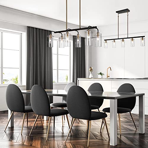 Zevni 5-Light Kitchen Island Lighting, Black Gold Linear Pendant Lighting, Modern Chandelier For Dining Room With Cylinder Clear Glass Shades, 36" L #TOP3